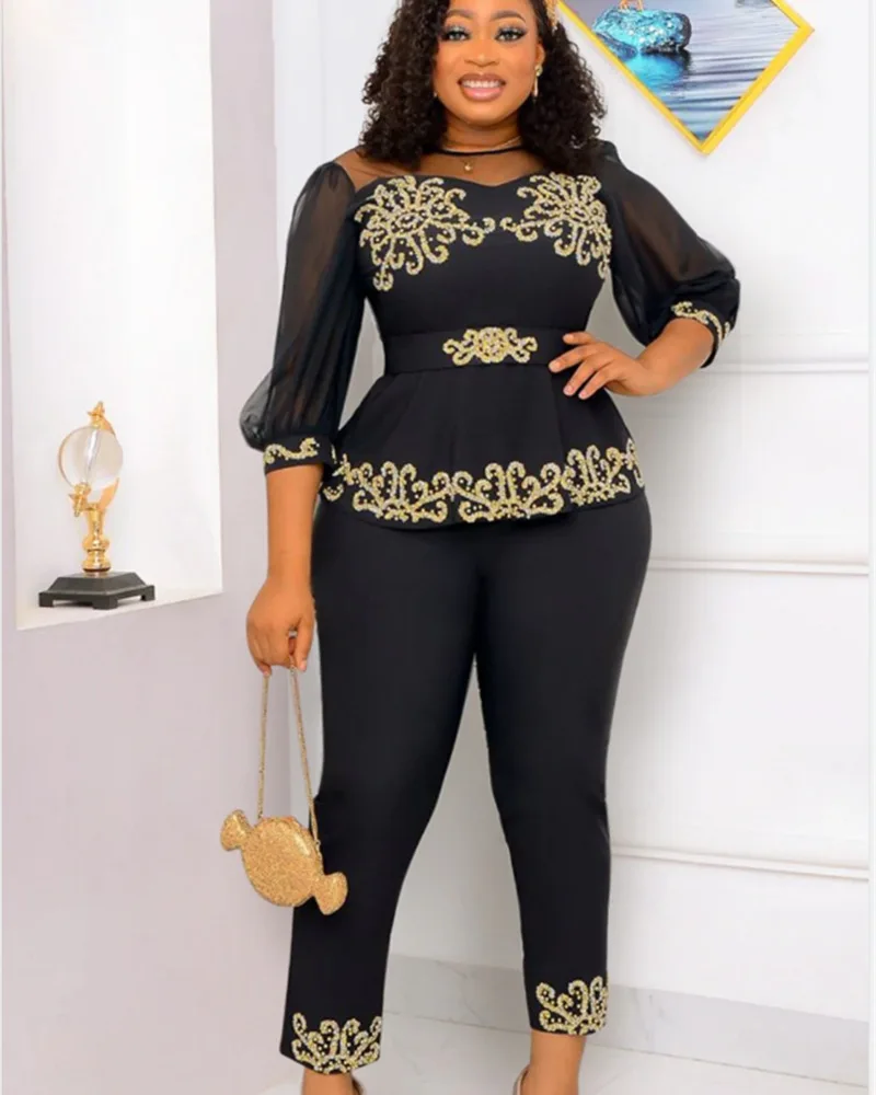 

Spring Autumn African Women O-neck Half Sleeve White Black Polyester Two Pieces Sets Top and Long Pant African Suit S-5XL