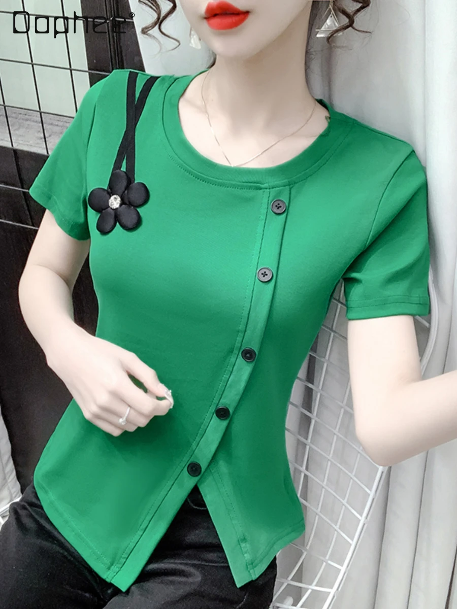 

Женская футболка с трехмерными цветами, зеленая элегантная облегающая футболка с коротким рукавом и разрезом, на пуговицах, лето 2022