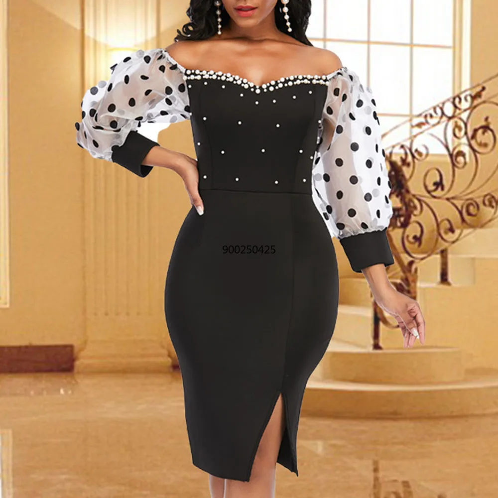

Women's Dress Vintage Beading Knee-Length Mesh Sleeve Patchwork Vestidos Elegant African Fashion Evening Party Black Dresses