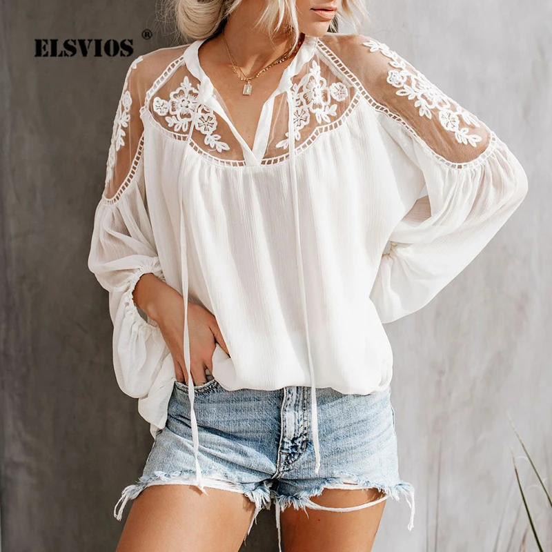 

Casual Lace-Up V-Neck Solid Color Women Tops Sexy Hollow Out See-Through Blouse Office Lady Spring Summer Elegant Chiffon Shirt