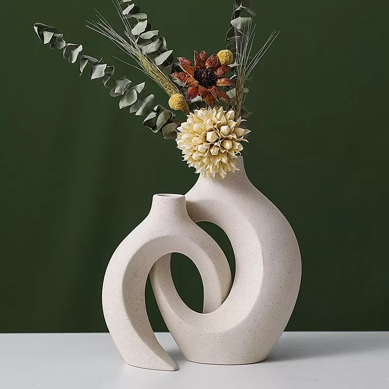 

NEW2023 Nordic Ceramic Vase Snuggle Set Flower Pot Circular Hollow Donuts Vase Hydroponic Flower INS Home Living Room Desktop De