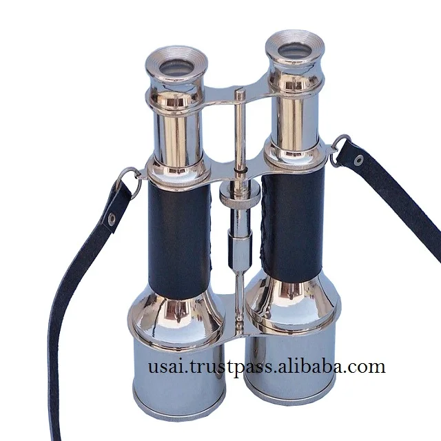 

Leather Mounted Antique Brass Binocular 6 Inch ~Commanders Chrome Finish Brass Binoculars with Leather and Leather Case