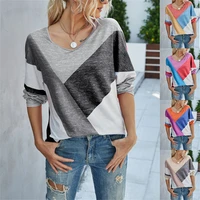 2022 spring autumn contrasting colors womens v neck long sleeve loose t shirt fashion casual top comfortable pullovers yk2 tops
