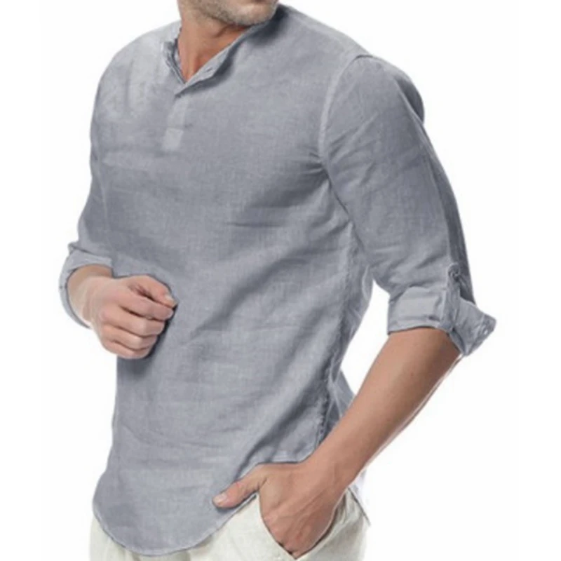

Men Shirt Summer Solid Color Loose Pullover Shirt Men Vintage Button Stand Collar Long Sleeve Pullover Shirt Pullover Shirt Top