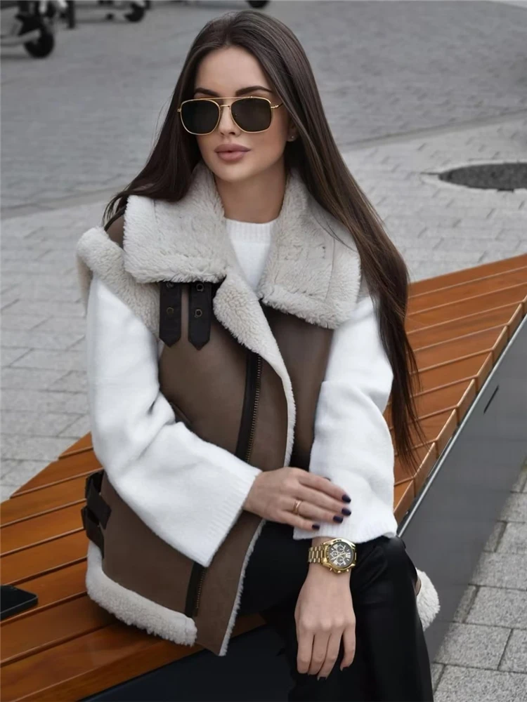 KEYANKETIAN Women's Fur one-piece thickened waistcoat Fall/winter new brown suede lapel sleeveless vest short coat
