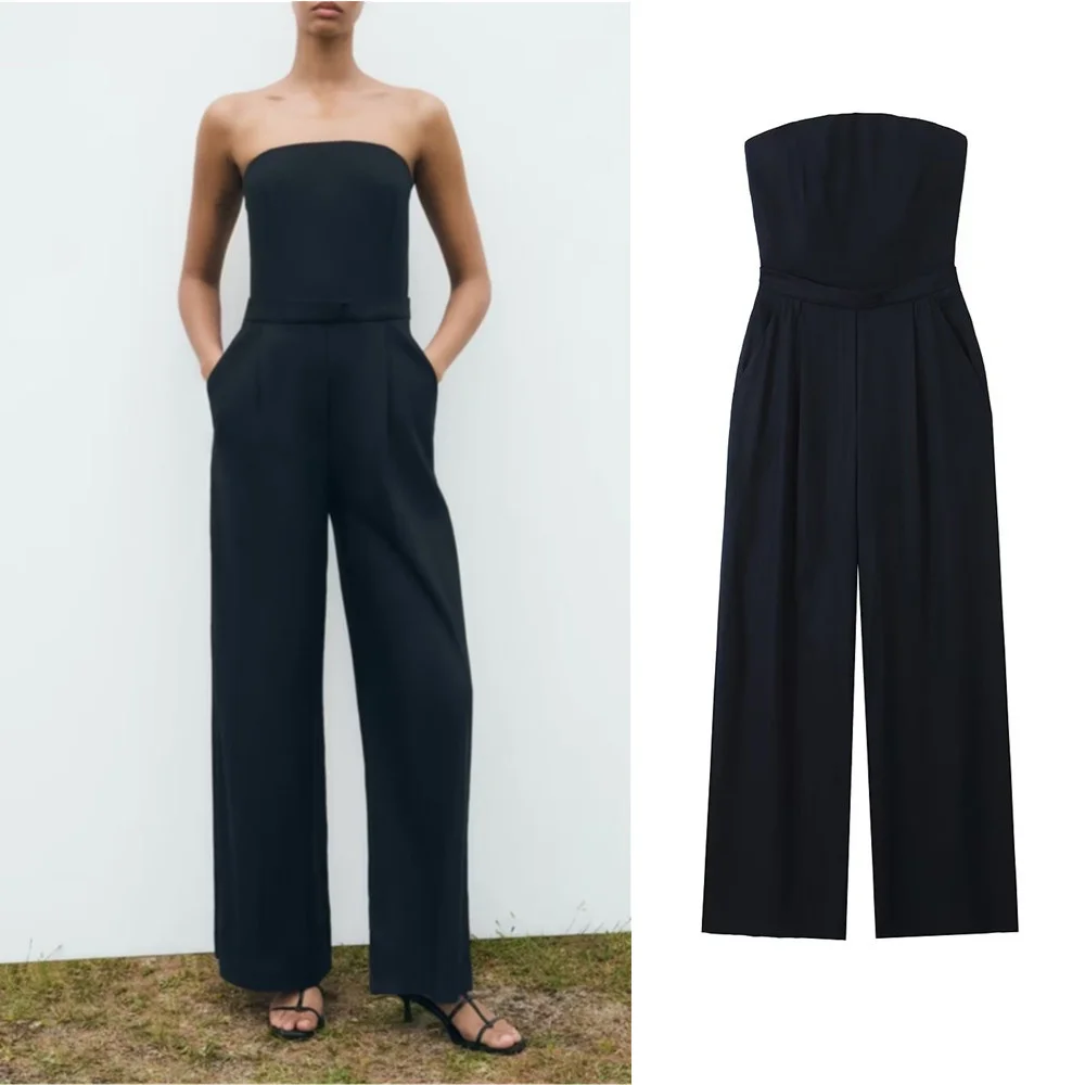 

BM&MD&ZA 2023 summer new high-end sense of self-cultivation dark blue tube top blended jumpsuit female fashion 3391376