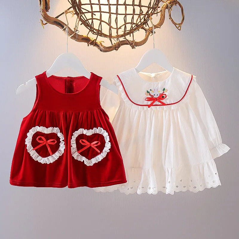 

Одежда для младенцев, 2 шт., платье в стиле "Лолита" для девочек, красный, белый цвет, украшение с бантом, кружевные платья принцессы с длинным ...