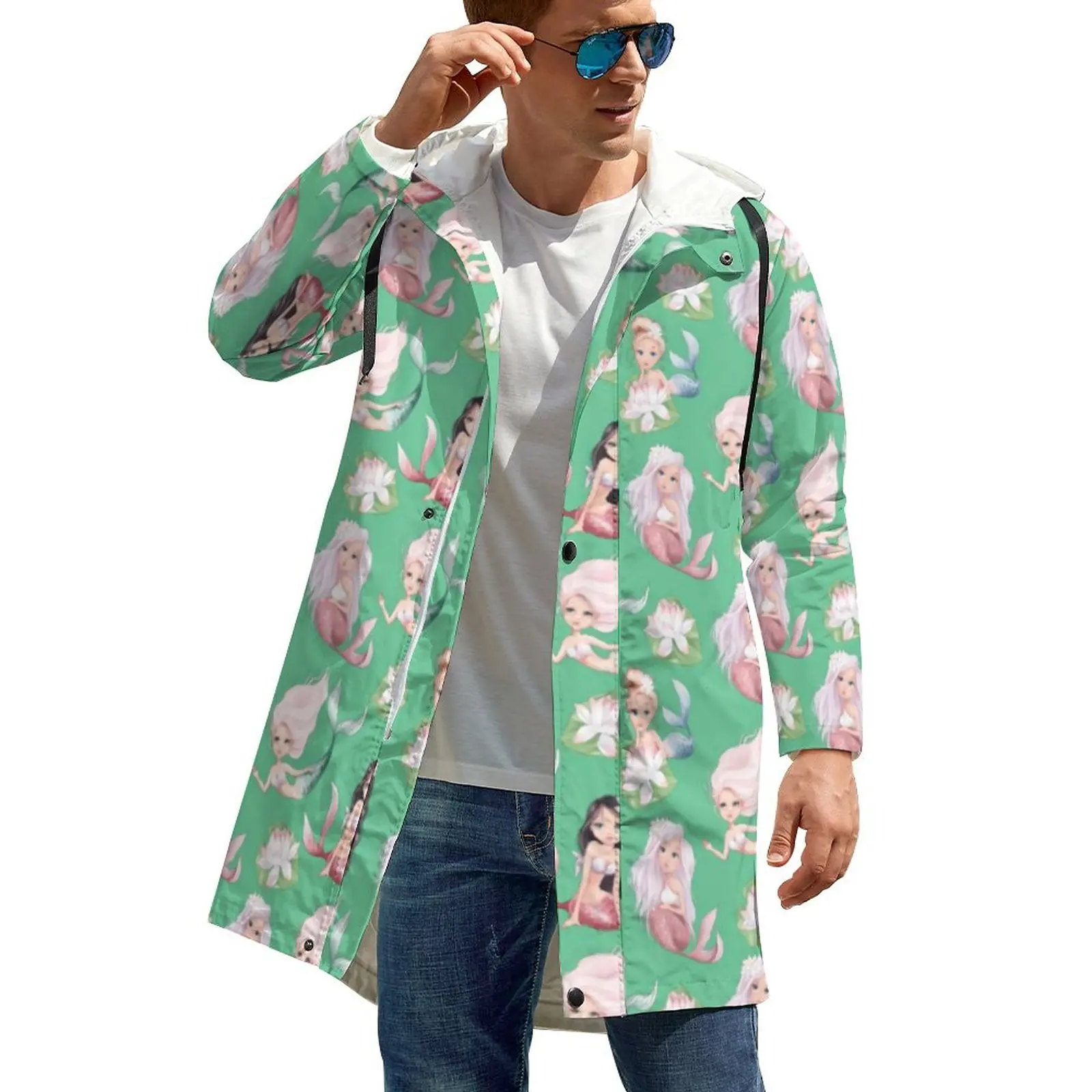

Adorable Mermaid Coats Floral Print Long Casual Windbreak Men Design Retro Waterproof Winter Jackets Plus Size 6XL
