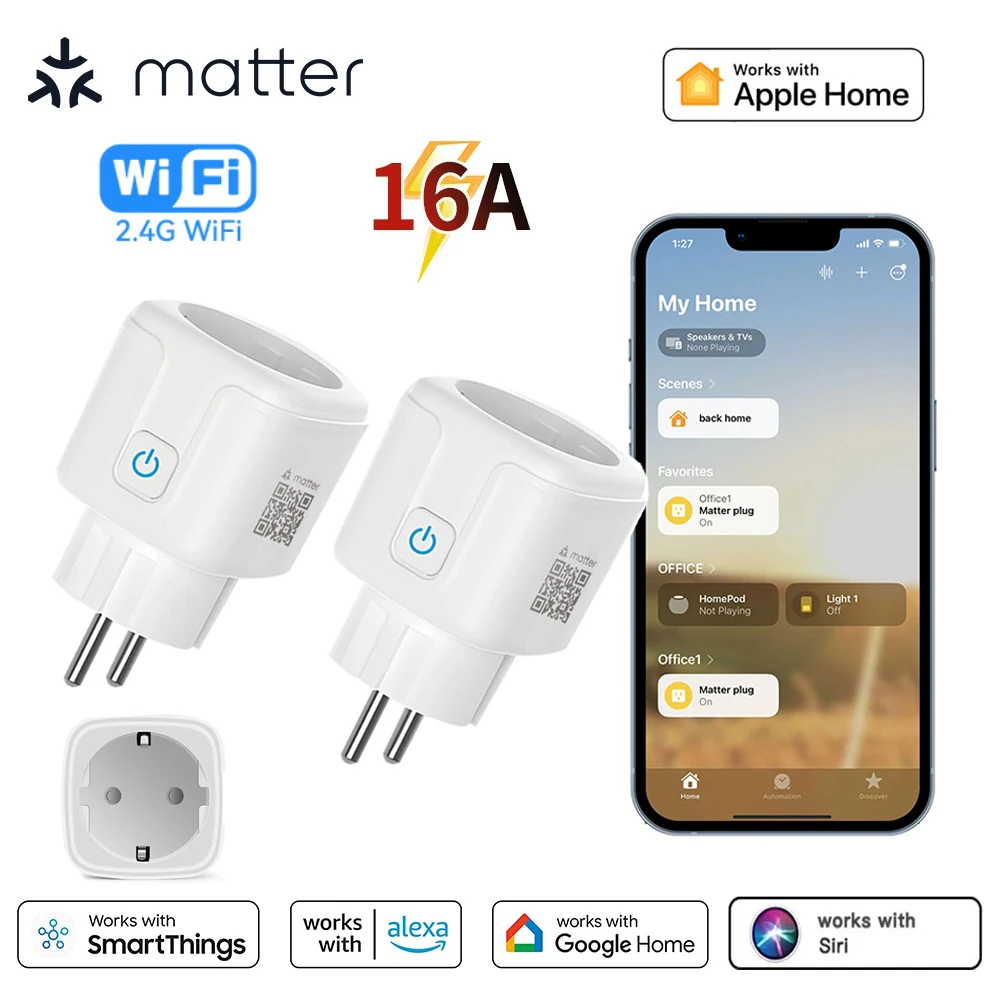 Matter Smart Plug EU Wi-Fi Socket 16A Розетка для бытовой техники Приложение Дистанционное