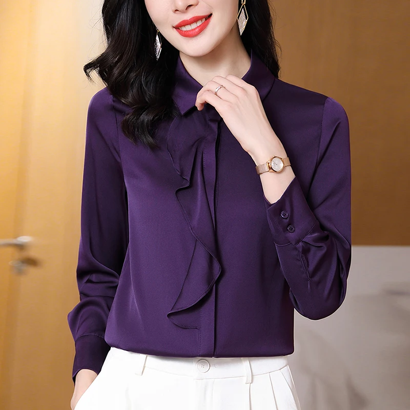 

Real Silk Women's Shirt Spring Autumn Fashion Turn-down Collar Long Sleeve Blouses Elegant Shirts For Women Office Lady Blouse