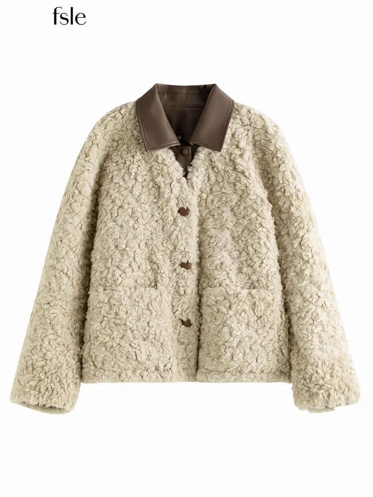 

FSLE Women Winter Stitching Grain Cashmere Lamb Wool Coats Soft Design Fur Integrated Faux Fur Coat Removable Neckline Jackets
