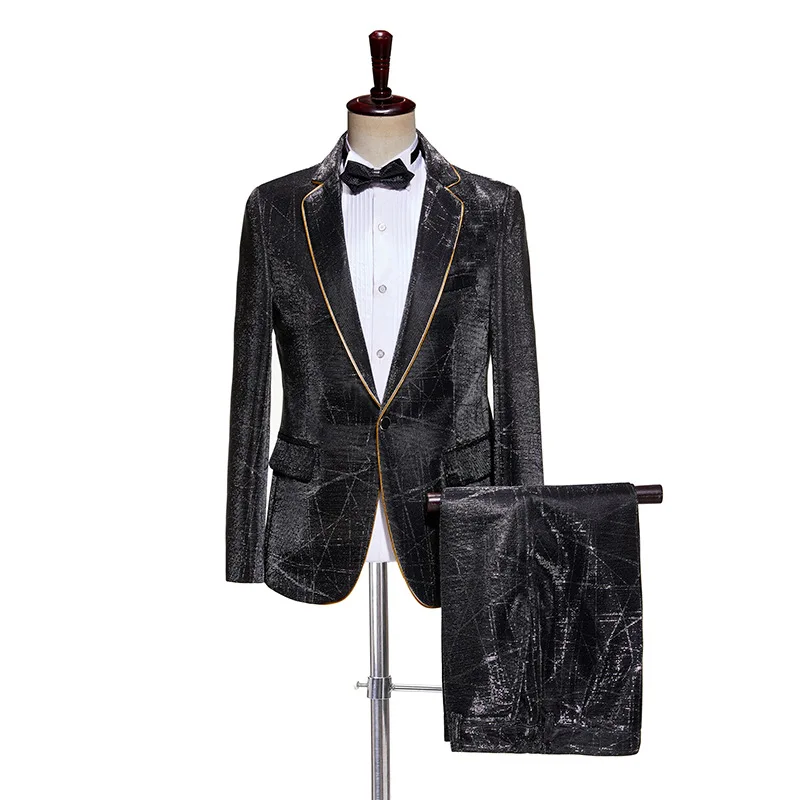 

Male Gray Suits SuiWedding Blue Party Prom Costumes Flashing Blazers Trousers Sets Nightclub Singer Stage Outfit Host