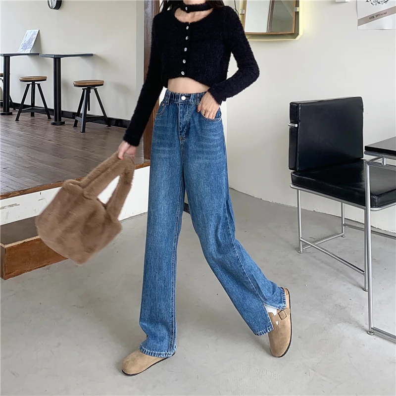 N1628  New elastic waist slit design loose wide leg trousers women's jeans