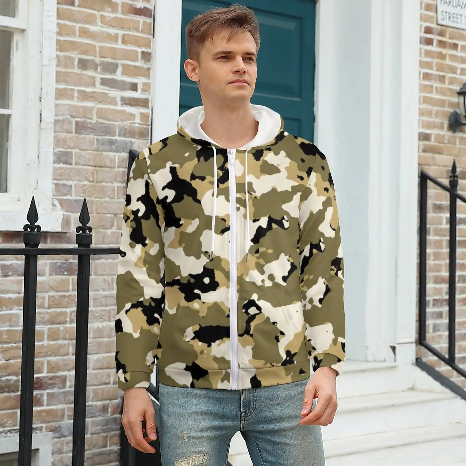 

Tan Camouflage Hoodies Trendy Desert Camo Polyester Zip Up Hoodie Streetwear Warm Hoodie Plus Size XXXL