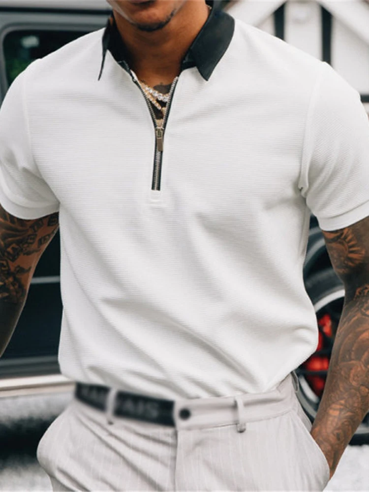 

Slim Fit Business Breathable Fashion Lapel Male Tops Short Sleeve Polos T-shirts Tee High street Zipper Summer Casual Polo Shirt
