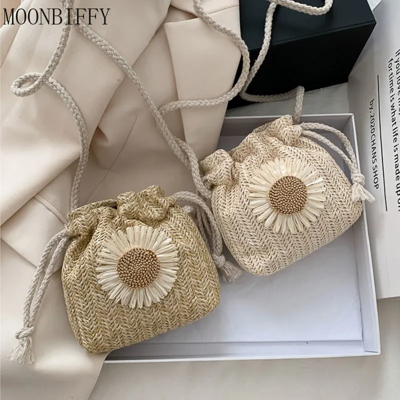 

Women's Bag Summer Beach Straw Bags Classic Texture Sunflower Drawstring Woven Bucket Crossbody Shoulder Messenger Mini Bag