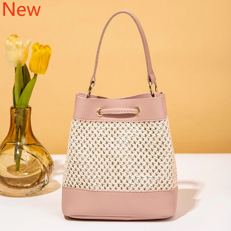 

2023 New crossbody bag Large capacity bucket bag Candy Colorful drawstring Fashion straw braided bag Commuter shoulder bag Girls