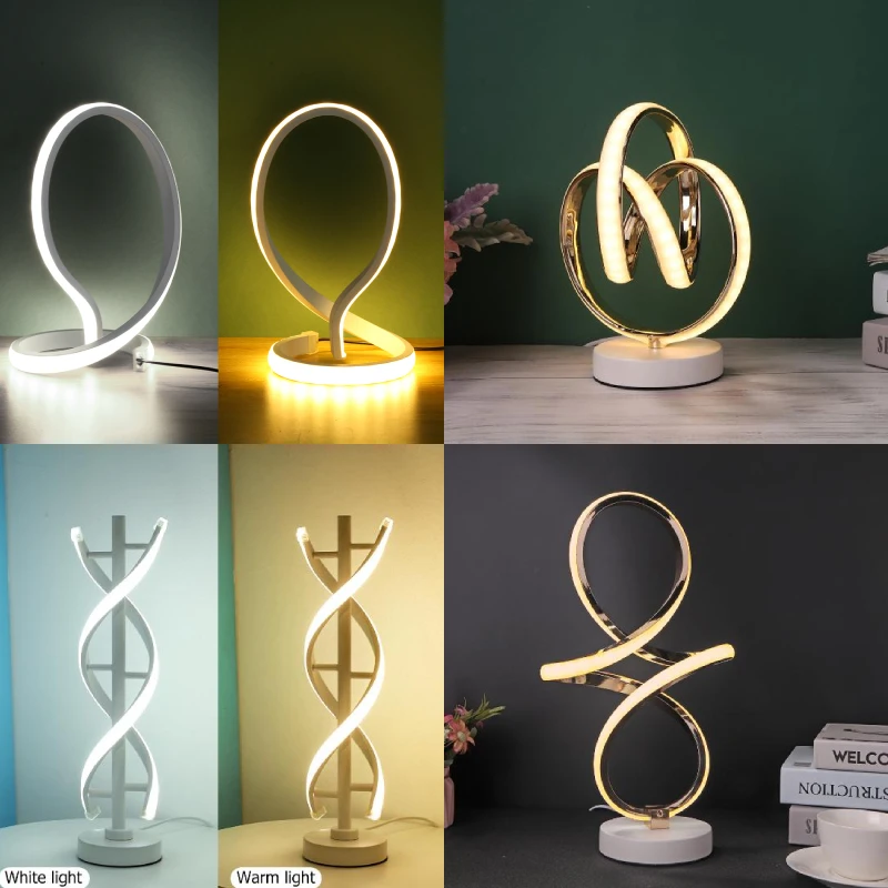 

12W Spiral LED Light Modern Table Lamp Minimalist Design Curved Strip Warm White Light Acrylic Lighting Bedroom Decoration