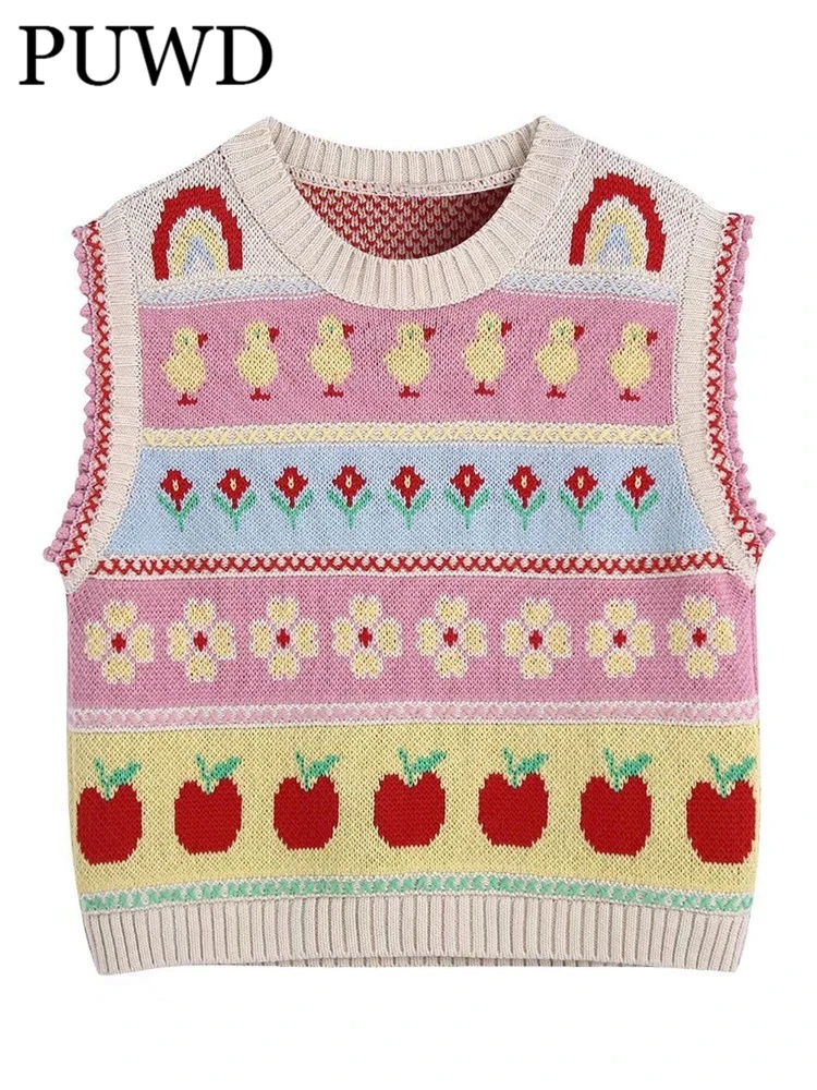 

PUWD Women O Neck Jacquard Knit Vest 2022 Spring Fashion Ladies England Style Cute Vest Female Slim Short Sweet Vest Top
