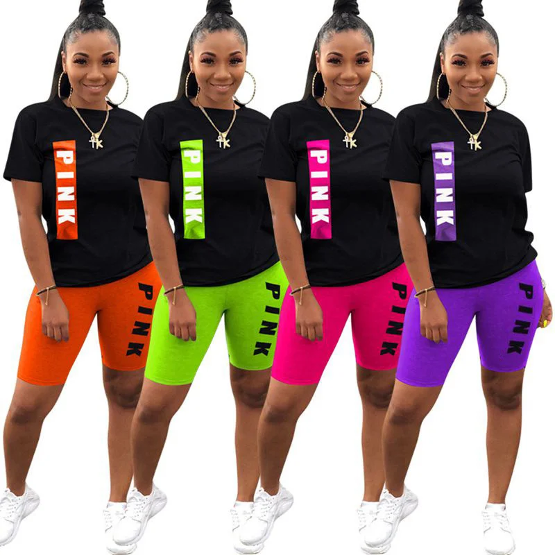 

2 Piece Set Color-Blocking Letter Printed T-Shirts Tops Shorts Set Casual Cute Sports Women Clothing Sets Summer Wholesale Items