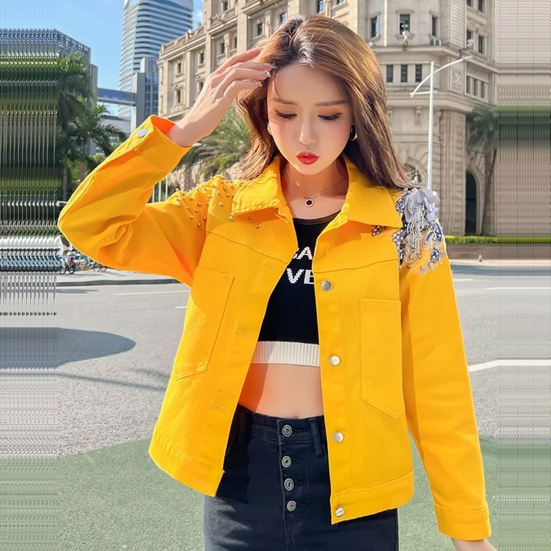 

Harajuku Beaded Flowers Denim Jacket Women Slim Short Cowboy Outwear Autumn Fashion Lapel Long Sleeve Jeans Jacket Ropa Mujer