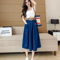 dark blue denim skirt female 2022 new korean style fashion single breasted elastic waist slim midi a line skirt umbrella skirt