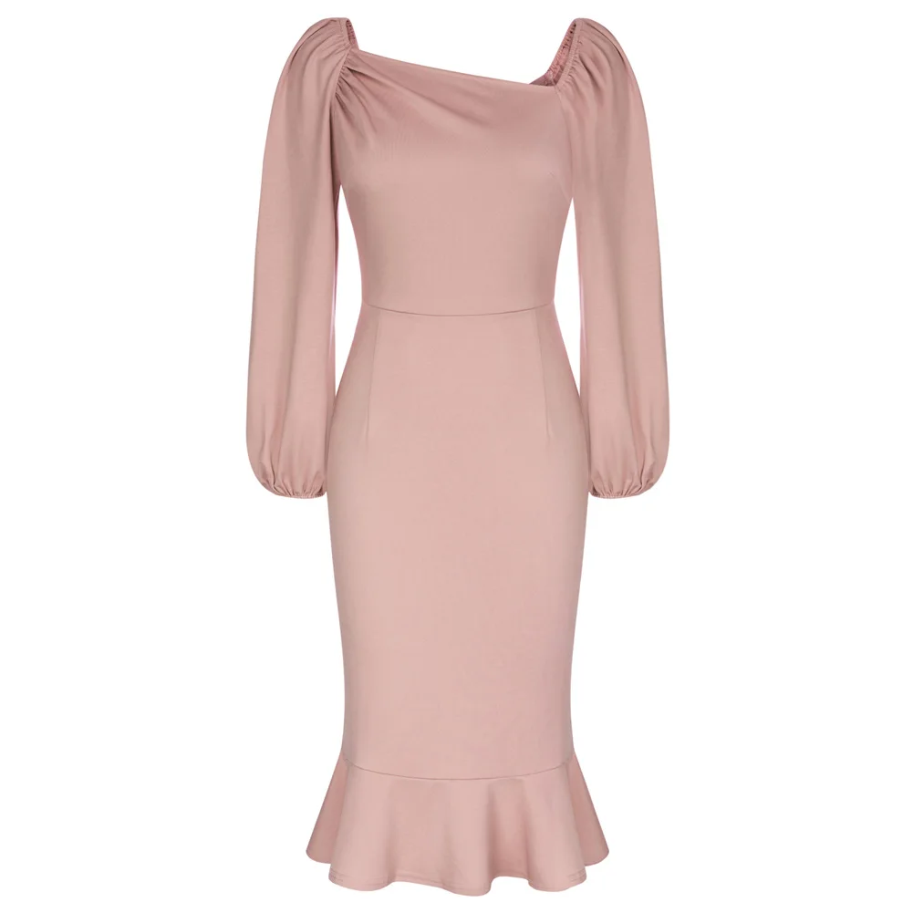 

GK Women Oblique Neck Party Dress Long Sleeve Back Slit Bodycon Dress