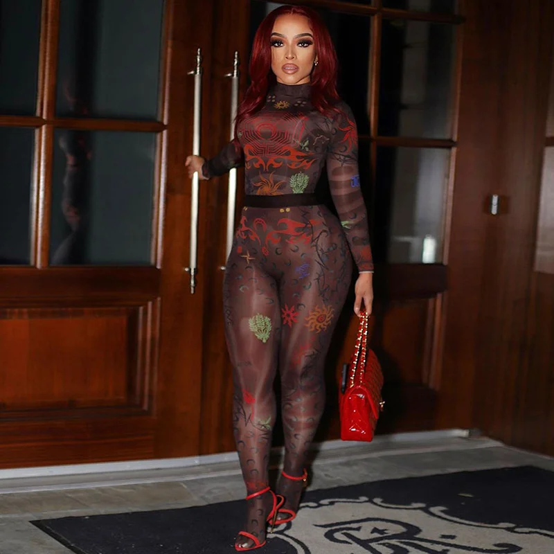 

Cutubly Printing Legging Pant Sets Turtleneck Crop Top Women Set Vintage Casual Sheer Mesh Fashion Clothing Outfits Club Party