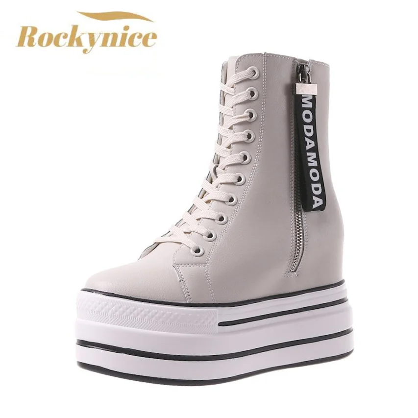 

White Trendy Boots Women High Top Sneakers Platform Zip Ankle Boots Femme Chaussures Femmes Height Increase Outdoor Sports Shoes