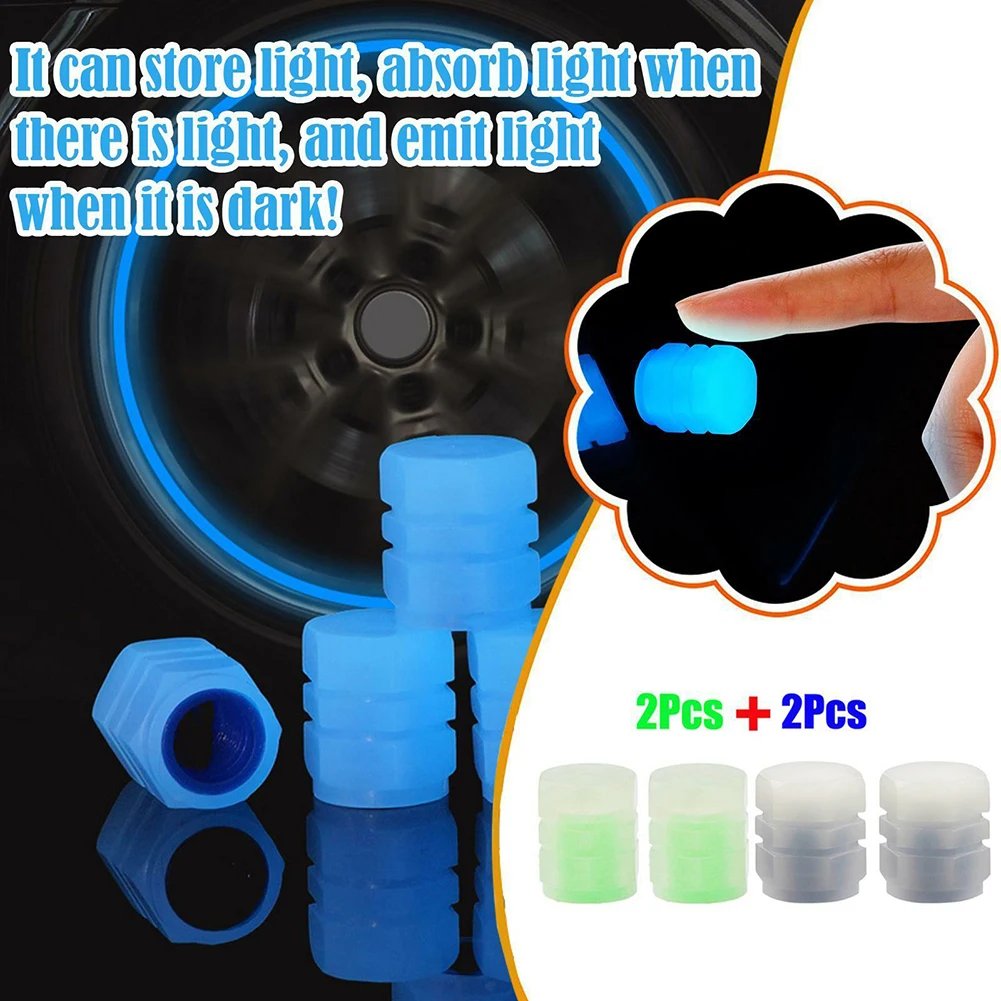 

4PCS Universal Car Tire Valve Cap Blue+Green Color Fluorescent-green Blue Front Left Rear Right 8mm Beautiful Dazzling Glow