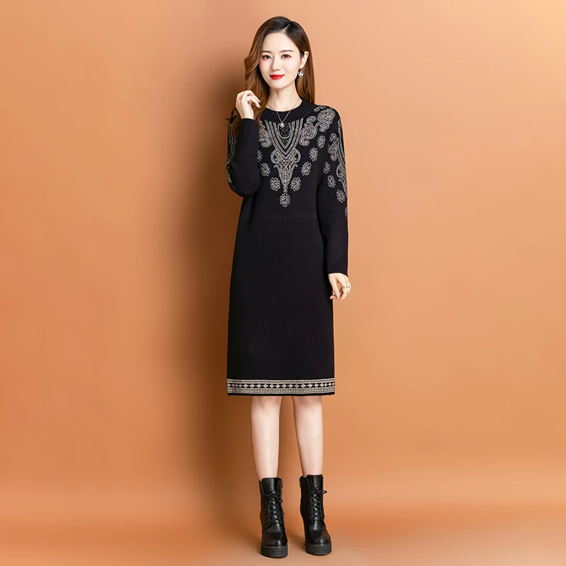 

Women Black Vintage Jacquard Thick Sweater Dresses Mother Autumn Winter Thick Long Knitting Dresses Bottoming Vestidos De Mujer