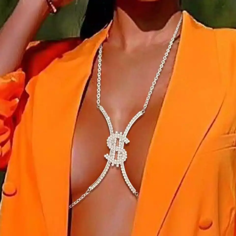 

Fashion crystal dollar logo bra chain bracket bra women's body jewelry luxury Rhinestone bikini body bra neckline Necklace acces