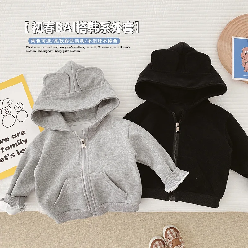 

Cute Baby Coat Bear Ears Hooded Zipper Jackets Cardigan Top Spring Autumn Cotton Solid Color Baby Kleidung Sweatshirt Boy Girls