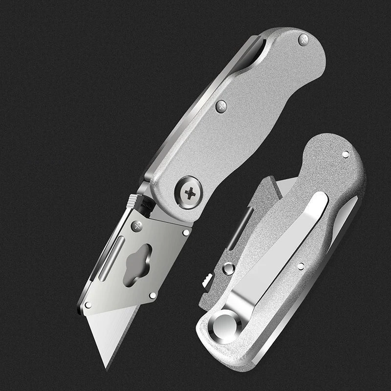 Pocket Folding Aluminum Alloy Box Cutter Utility Knife with Belt Clip, Razor Cutting Opener for Cardboard, Carton, Carpet, Boxes