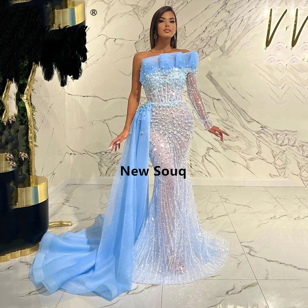

Elegant Pearls Lace Evening Dresses With One Shoulder Newest Dubai Mermaid Blue Celebrity Dress Dance Party Gowns Custom Made