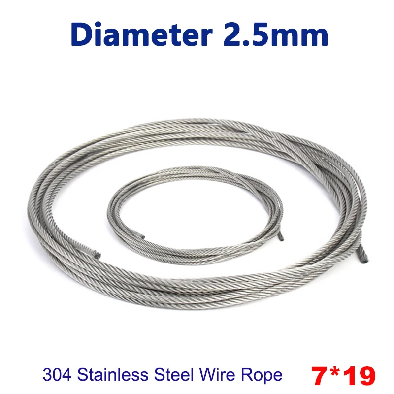 

1-50 Metres 7*19 Diameter 2.5mm Steel Wire Rope Cable Clothesline Lifting Crane 304 Stainless Steel Rope Line Soft
