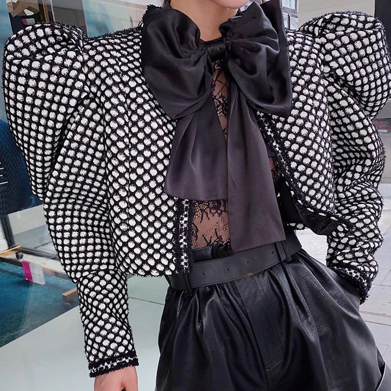 

Sleeve Short Female Coats Palace Elegant Puff Ruched Plaid Coat for Women 2021 Casual Chic Korean Streetwear Autumn Fashion New
