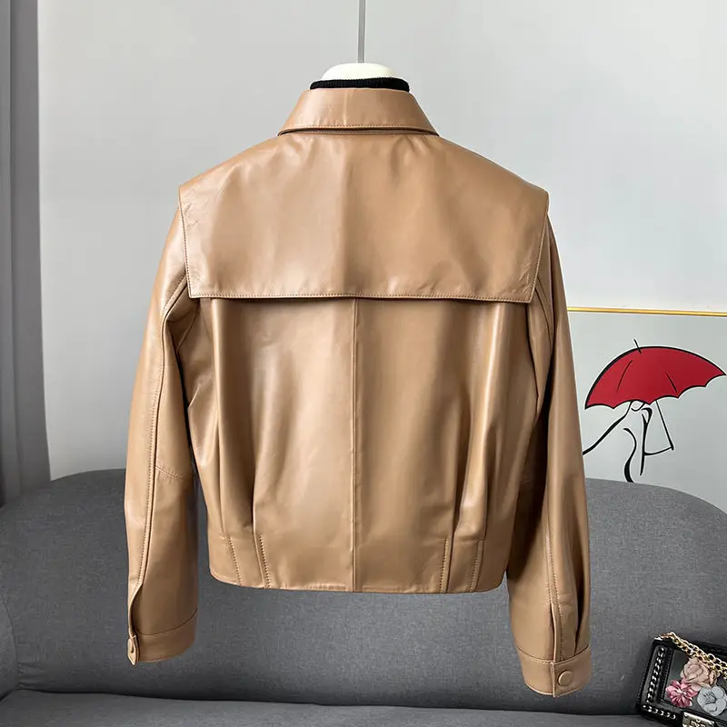 2022 Autumn Short Leather Jacket Female Navy Collar High Waist Sheepskin Jacket Young Sweet Women Leather Coat Y2k Style Top