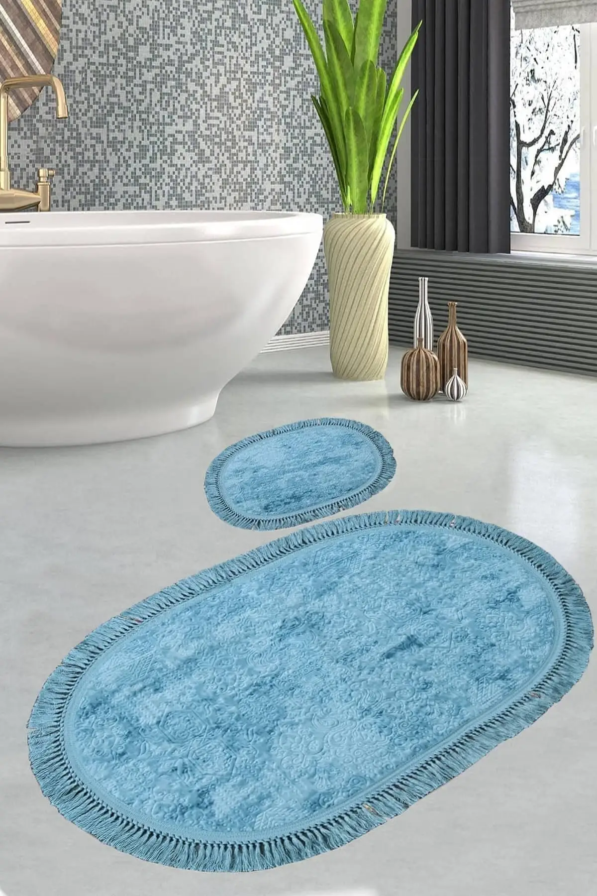 Bath Mat Doormat Cotton Non-Slip Base Oval Fringed 2 Li Toilet Seat Pad (Turquoise, 60x100cm) 2'li (60 X100)+(50 X60)