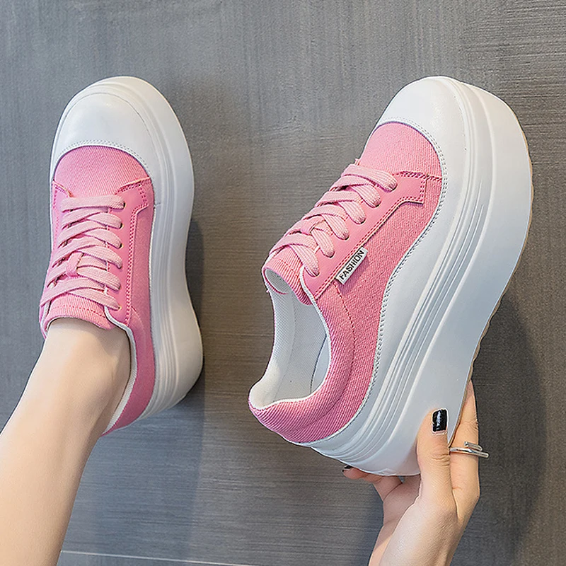 8cm New Canvas Genuine Leather Women Fashion Sneakers Platform Shoes Wedge Hidden Heel Ladies Summer Mixed Color Vulcanize shoes