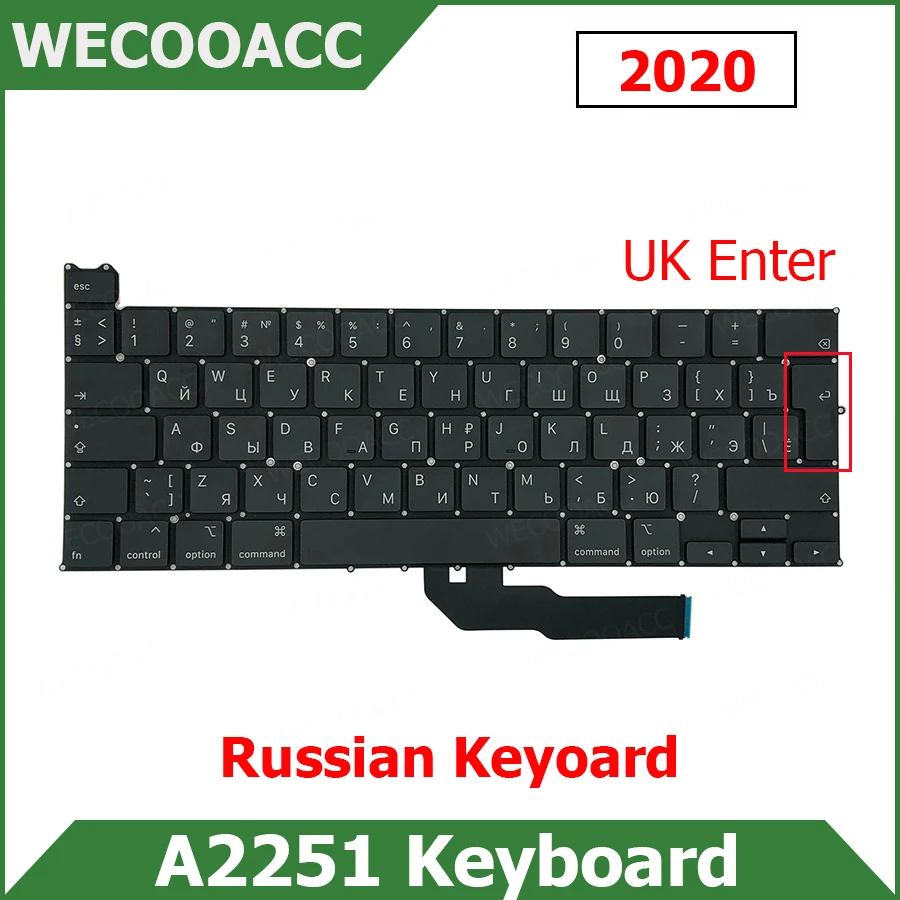 

Новая сменная Клавиатура для ноутбука Macbook Pro Retina, 13 дюймов, A2251, русская клавиатура, английская раскладка клавиш Enter 2020, EMC 3348
