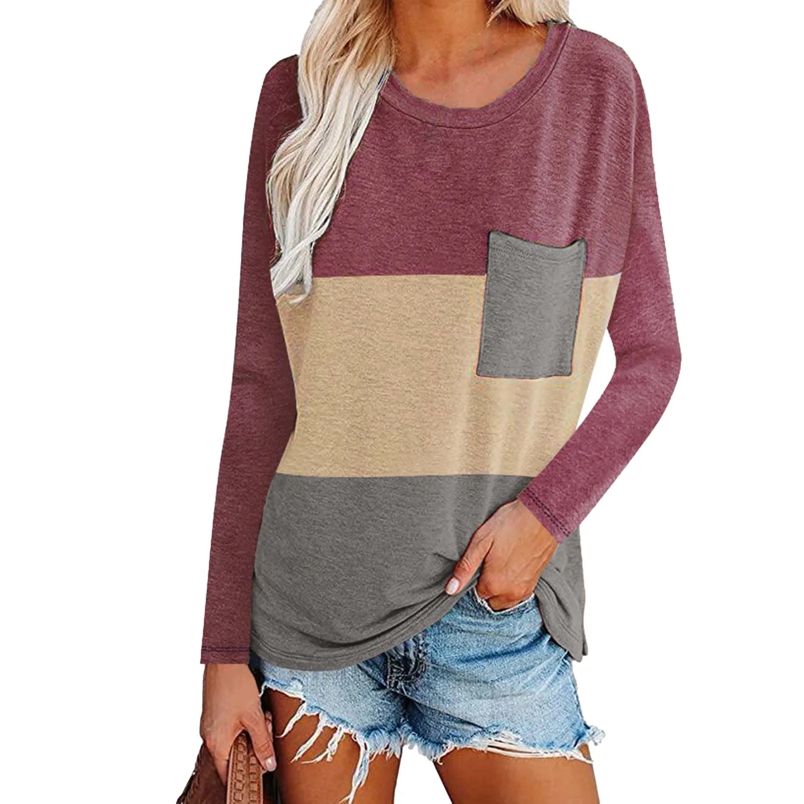 

Women Shirts with Nice Color Blocks Patchwork Long Sleeve Crewneck Casual Tracksuit Loose Top for Women and Girls Daily Outfit