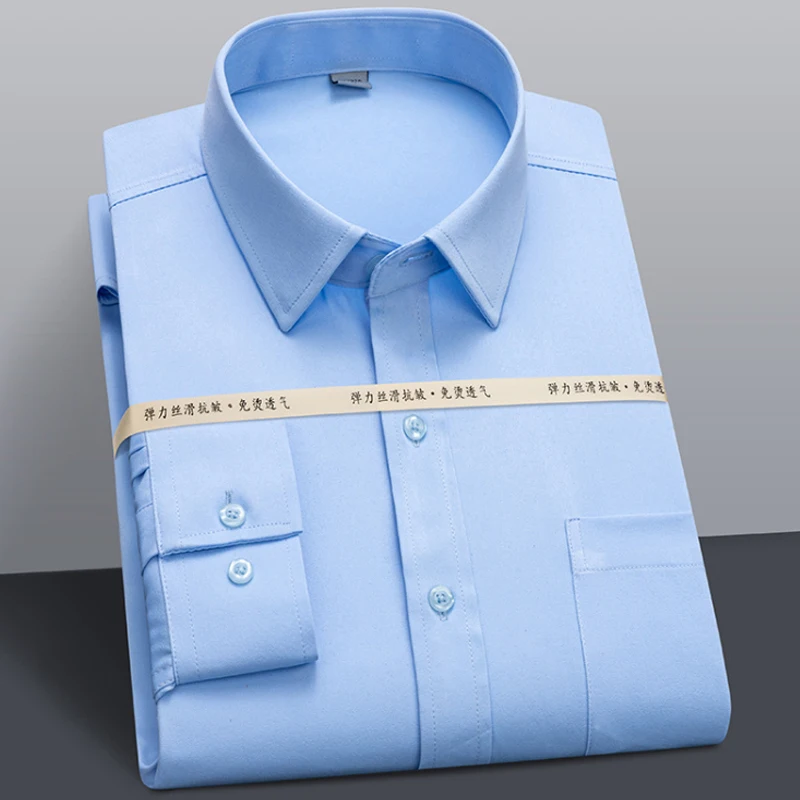 

Spring and Autumn 2023 New Luxury Long Sleeve Men's Shirt Elastic Solid Slim Fit Business Leisure Wrinkle-resistant Non-iron