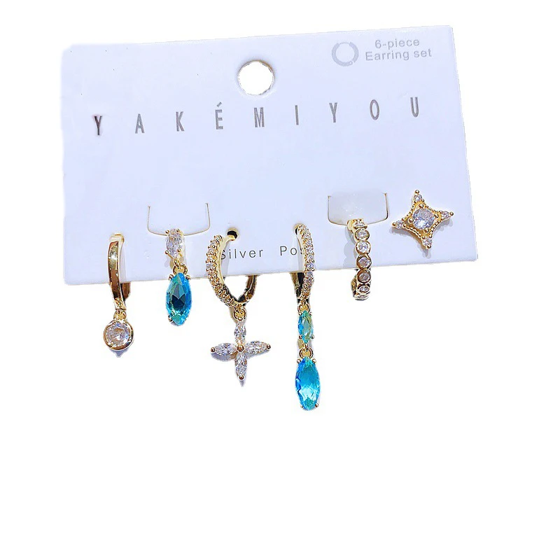 

MIGGA 6pcs Mix Trend Blue Cubic Zircon Stone Star Drop Earrings Set Gold Color Women Accessories
