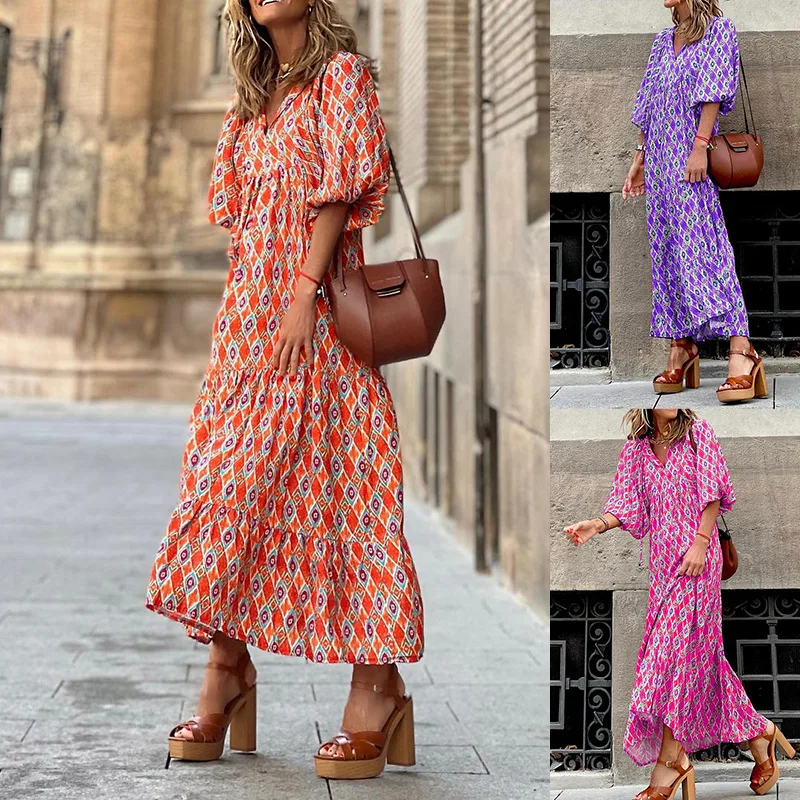 

2022 Summer New Fashion Simple Temperament Bohemian Print Dress Women