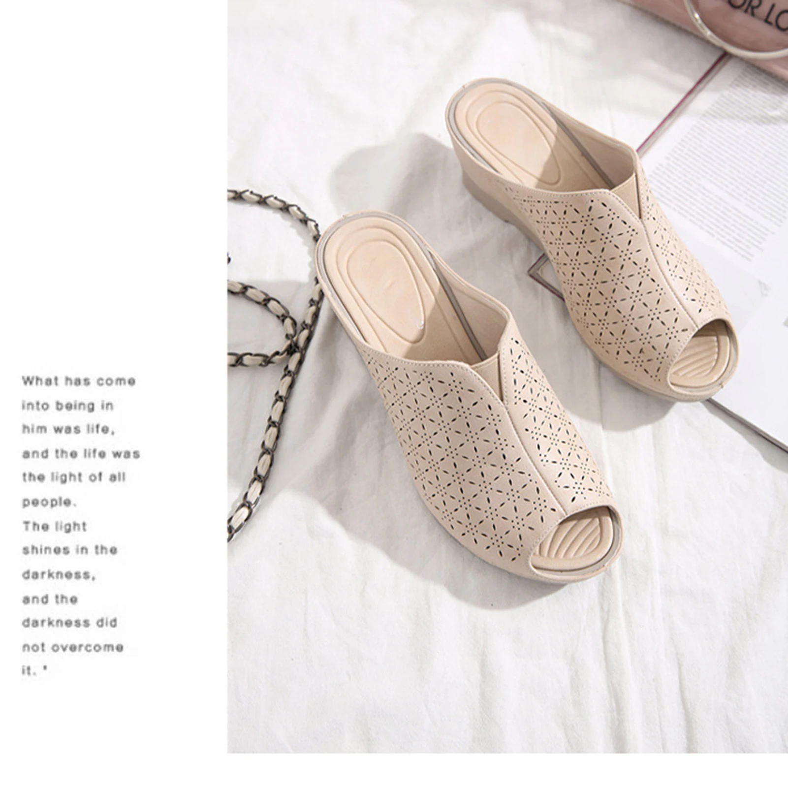 Hollow-out Slope Heel Slippers For Women Lightweight Soft Sole Outdoor Slippers For Shopping
