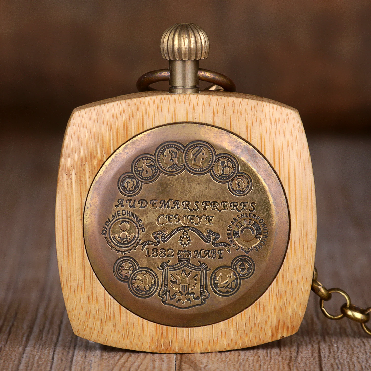 Square Wooden Vintage Mechanical Pocket Watch Roman Numeral Display With Chain Pendant Men's Ladies Gift