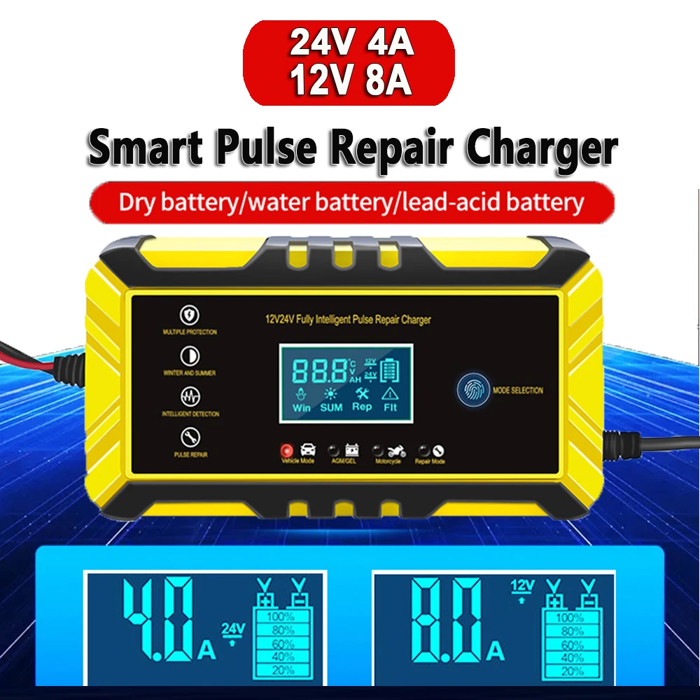 

12V 24V 4A-8A Pulse Repair Charger with LCD Display Motorcycle & Car Battery Charger Agm Deep Cycle Gel Lead-Acid Charger