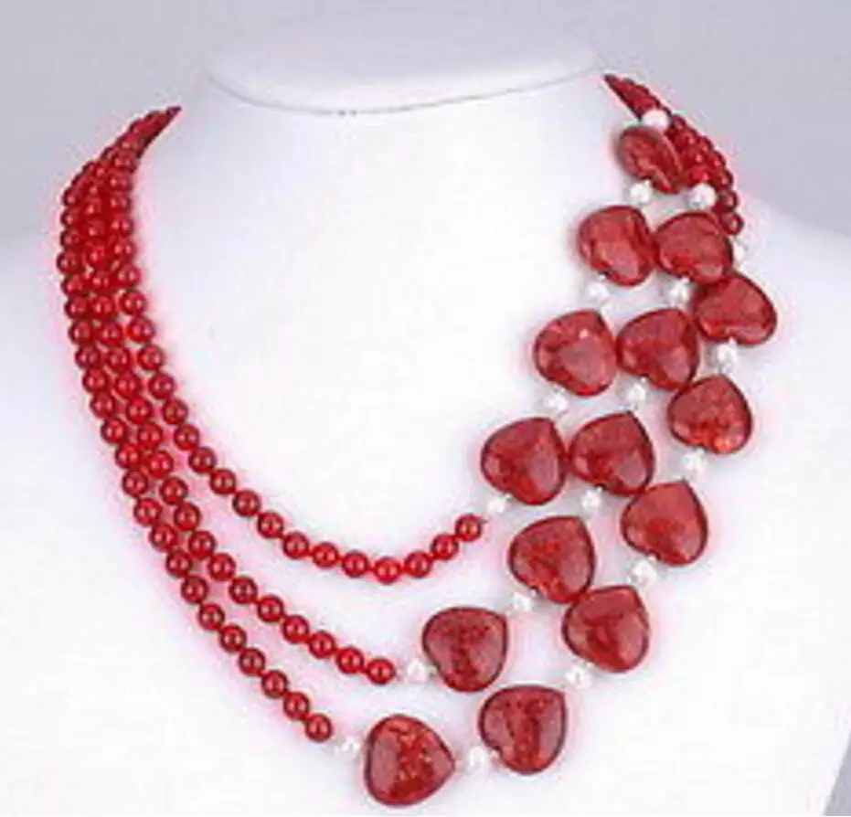 

3 Rows Stunningr Red heart-shaped jade white pearl Necklace