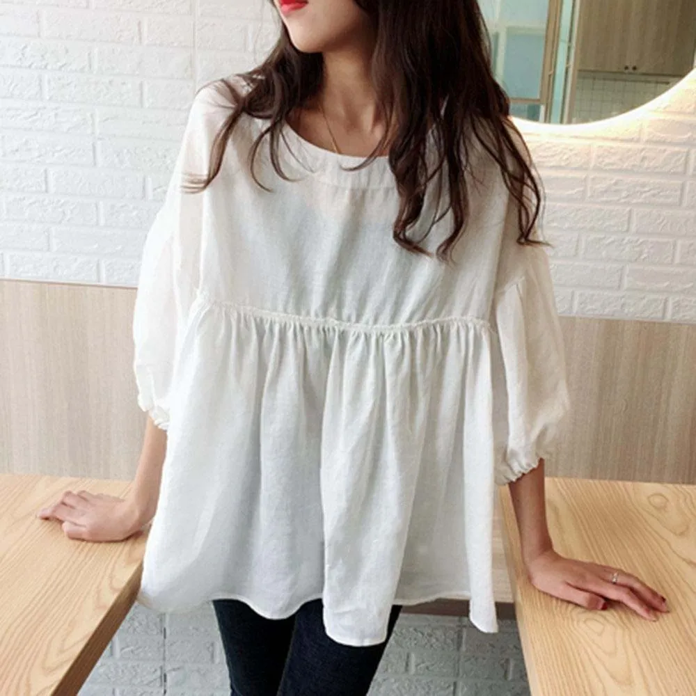 

Women's Dress Ramie Loose Sweet Lantern Sleeve Shirt Top Baby Shirt Elegant Chic Ladies Top 2022 Summer New Korea Japan